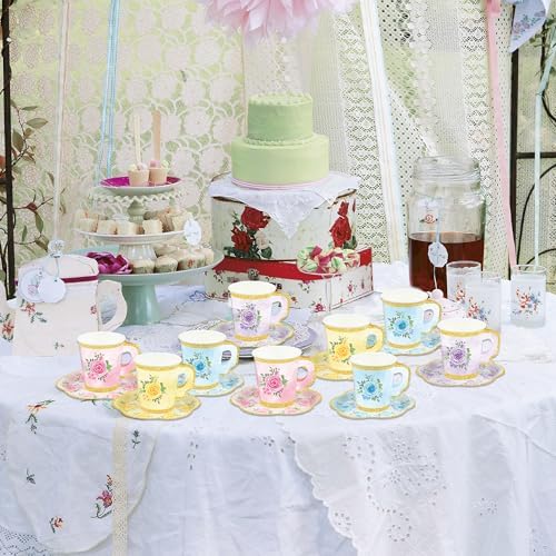 48 Sets Floral Paper Tea Cups and Saucers Disposable Tea Party Supplies Colorful Flower Teacups with Handle and Plates for Hot Cold Drink Wedding Birthday Party Baby Shower - Image 7