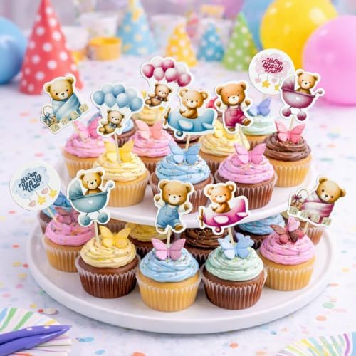 Gyufise 36Pcs Bear Cupcake Toppers Bear Cupcake Picks Baby Carriage Bottle Balloon We can Bearly Wait Cake Decorations for Baby Shower Gender Reveal Kids Birthday Party Supplies Blue Pink Coffee - Image 7
