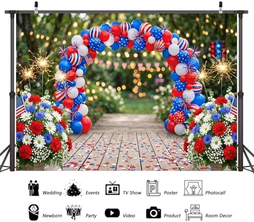 4th of July Independence Day Backdrop, Patriotic Red White and Blue Balloon Arch Flowers Photography Background, Memorial Day Party Photo Veterans Day Patriot Decorative Banner Booth Studio 12X10FT - Image 6