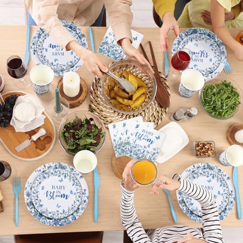 Yungyan 252 Pcs Baby in Bloom Blue Floral Baby Shower Party Tableware Set Included Plates Napkins Cups Forks Knives Cutlery for Party Decorations Supplies 36 Guests - Image 4