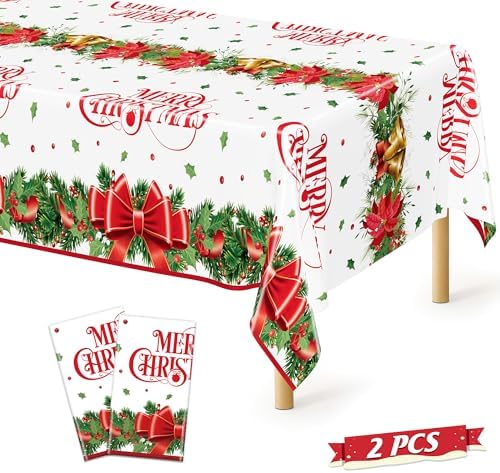 QZYL 2 Pack Christmas Tablecloths, 54" x 108" Xmas Plastic Table Cloth, Poinsettia Holly Bells Design Holiday Disposable Tablecover Rectangle Tablecloth, Christmas Decor Holiday Table Decorations by QZYL