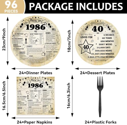CHUNNIN 96Pcs 40th Birthday Plates and Napkins Back in 1986 Party Decorations Vintage 40 Year Old Party Dessert Plates 1986 Birthday Tableware for 24 Guests 40th Theme Men Woman Bday Parties Supplies - Image 2