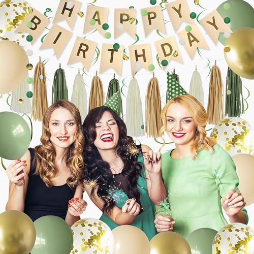 Green Birthday Party Decorations for Women Girls with Happy Birthday Banner,Tissue Paper Pompoms, Paper Tassel,Circle Garland,Hanging Swirl,Decorations Balloons for Party Decor (sage green) - Image 5