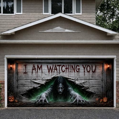 13x6 Ft Halloween Garage Door Decorations Cover, I AM Watching You, Large Outdoor Garage Door Banner Backdrop for Home Wall Window Patio Yard Party - Image 4