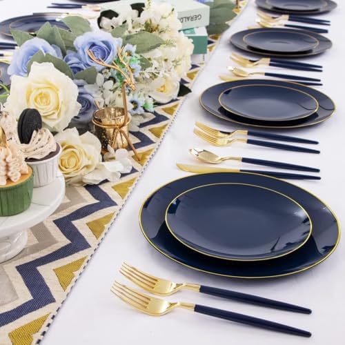 Liacere 150PCS Blue Plastic Plates - Gold Plastic Silverware with Blue Handle - Navy Disposable Plates Include 30 Guests Plates,Forks,Spoons,Knives for Party & Back to School Party & Labor Day - Image 5