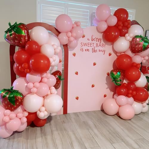Strawberry Balloons Garland Arch Kit 163pcs with 27" Strawberry Foil Balloons, Red and Pink white Balloons for Sweet Girl Berry First Birthday Themed Baby Shower Strawberry Party Decorations - Image 4