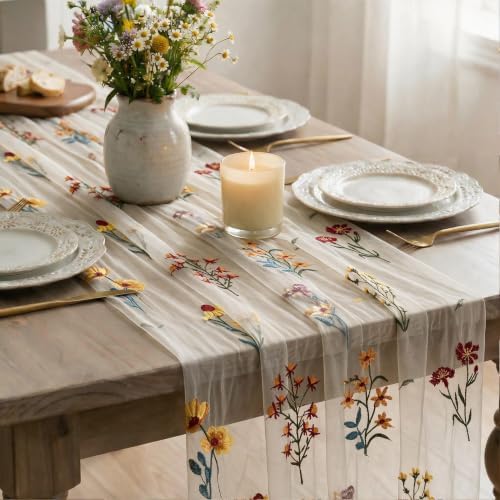Artoid Mode Wildflower Beige Apricot Embroidery Table Runner 120 Inch 10FT - Image 4