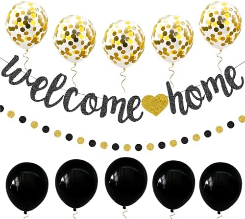 Welcome Home Decorations Set Glittery Black Gold Welcome Home Banner+2M Preassembled Circle Dots Garland+10pcs Balloons for Housewarming Deployment Come Back Home Parties Decor by PEIQICHU