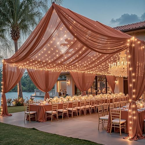 Terracotta Ceiling Drapes with Lights for Weddings, 6 Panels 5ftx20ft Sheer Tulle Curtain Drapes for Wedding Ceremony Birthday Party Arch Decoration - Image 3