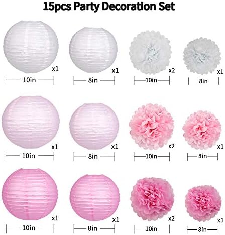 Paper Lanterns and Paper Pom Poms Pink Party Decorations 15pcs - Image 2