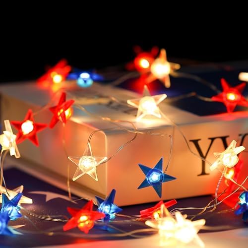 4th of July Decorations, 10ft 30 LED Twinkle Red White and Blue Star String Lights Battery Operated, Patriotic Decorations for Memorial Independence Day Party Golfcart Fourth of July (White Light) by Decorateyourdreamswithligh