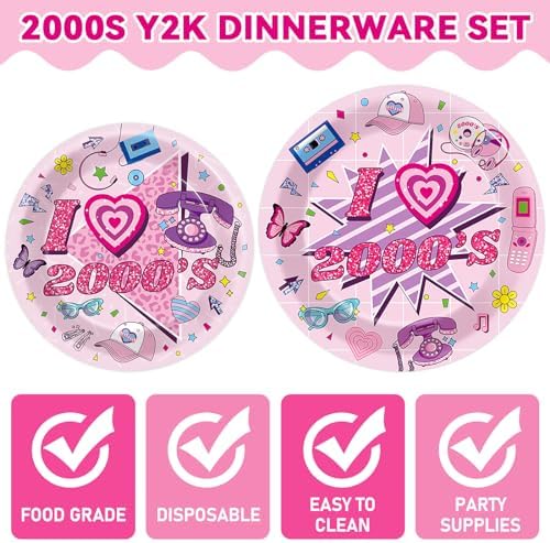 Qyeahkj 100Pcs 2000s Y2K Pink Decorations Party Supplies 90s Plates Napkins Disposable 1990s Tableware Dinnerware Birthday for 90's Kids Bachelorette Favor - Image 3