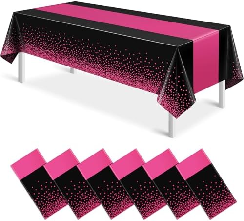 6Pcs Black Hot Pink Tablecloth Party Decorations,Plastic Black Table Cloth Printed Hot Pink Table Runner Disposable Rectangle Cover for Birthday Wedding Anniversary Graduation Party,54x108 Inch by MASHAN