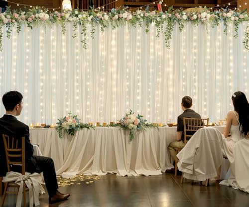 Ivory Tulle Backdrop Curtains with Lights String for Parites Wedding 20×8ft Ivory Sheer Backdrop Curtains for Baby Shower Birthday Party Photo Shoot Background Decorations(4 Panels 5ft×8ft) - Image 5