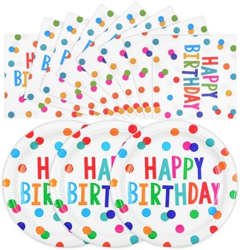50PCS Birthday Plates and Napkins Party Decorations, 7inch Colorful Dots Happy Birthday Dessert Plates Cake Plate Disposable Paper Tableware Dinnerware Set for Birthday's Party Supplies by Unknown
