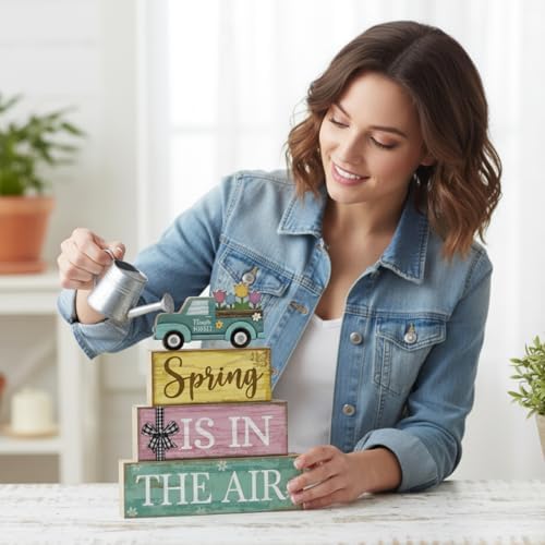 Moucuny 4 Pcs Spring Wooden Block Signs Farmhouse Table Centerpiece - Image 3