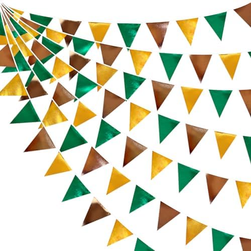 Green Gold Brown Metallic Fabric Triangle Pennant Banner Flag Bunting Garland for Football Jungle Safari Wild Woodland Birthday Baby Shower Wedding Bachelorette Graduations Party Decorations Supplies by pinkblume