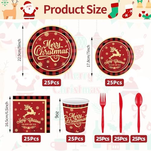 175 Pcs Merry Christmas Party Supplies Set - Serves 25, Festive Red and Black Plaid Disposable Tableware, Includes Paper Plates, Cups, Napkins, Forks, Spoons, Knives for Xmas Holiday Celebrations - Image 2