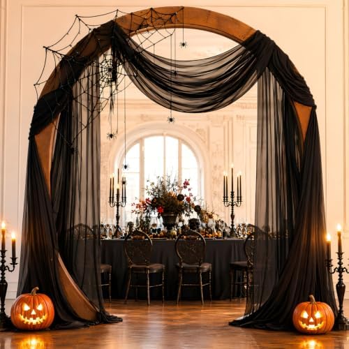 Black Wedding Arch Draping Fabric Sheer Curtain Drapes 4 Panels | 20 ft Halloween Extra Long Shimmery Backdrop Curtains for Wedding Anniversary Party Summer Outdoor Events Drapery Backgrounds - Image 2
