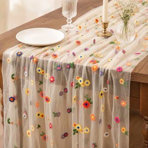 4 Pcs Flower Table Runner 29x72 Inch Champagne Daisy Tulle Decor by Unknown