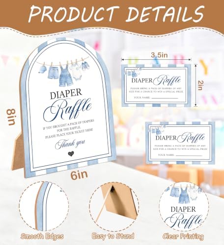 Blue Jean Baby Shower Games, Denim Western Diaper Raffle Game, 6x8 Inch Arch Wooden Sign With Stand And 50 Diaper Raffle Tickets, Gender Reveal Party Supplies & Decorations - UC06 - Image 2