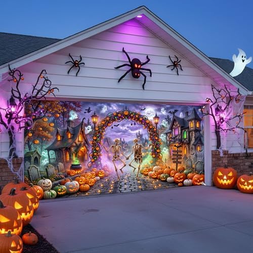 Halloween Garage Door Cover 13x6ft Dancing Skeleton Pumpkin Arch Ghost - Image 3
