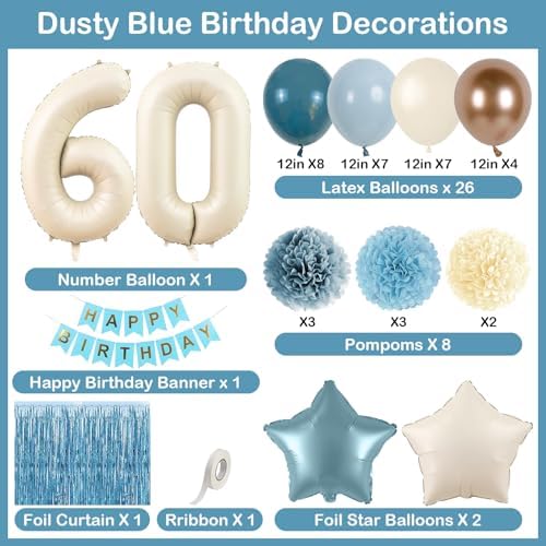 Dusty Blue 60th Birthday Party Decorations Men Beige Number 60 Balloon - Image 4