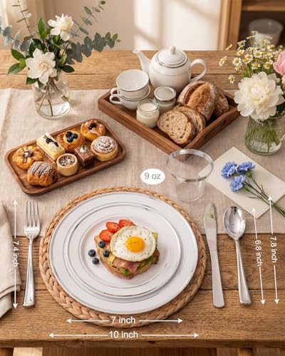 bUCLA 150-Piece Silver Disposable Dinnerware Set - White Plastic Plates with Silver Rim - Include 25 Dinner Plates, 25 Dessert Plates, 25 Forks, 25 Knives, 25 Spoons & 25 Cups for Party & Christmas - Image 2