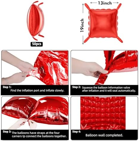 50pcs Red Square Foil Balloons Wall Backdrop with 79pcs Red Balloon Garland Arch Kit, Double Sided Balloon Tunnel for Birthday Anniversary Wedding Engagement Baby Shower Valentine's Decorations - Image 3