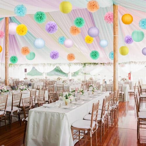 zilue Paper Lanterns and Paper Pom Poms Pastel Party Decorations 15pcs - Image 7