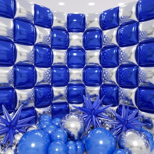 50pcs Navy Blue and Silver Square Foil Balloons Wall Backdrop with 147pcs Dark Blue and Silver Balloon Garland Arch Kit, Double Sided Balloon Tunnel for Birthday Graduation Party Decorations by Unknown