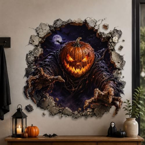 Halloween Pumpkin Man Wall Sticker Self Adhesive 3D Broken Wall Decal Scary Pumpkin Head Wall Decor Horror Wall Sticker for Living Room Bedroom Party Haunted House Indoor Seasonal Decor 1 Sheet - Image 4