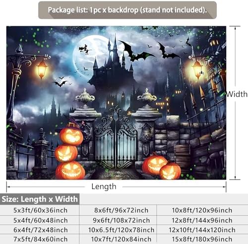 Halloween Castle Backdrop Stacked Pumpkins Lantern Iron Gate Vintage Vampire Street Lamp Flying Witch Bats Magic Full Moon Photography Background Photo Booth Studio Props 8x6ft - Image 2