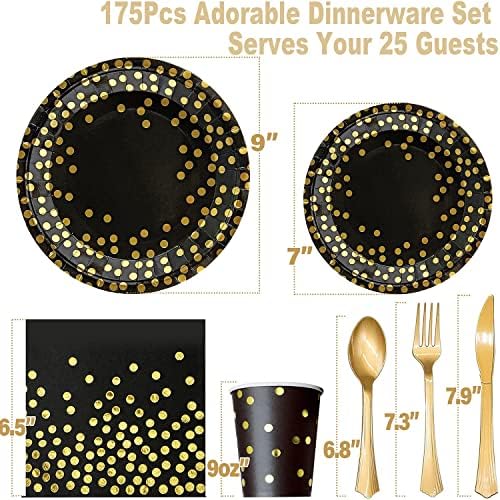 AIRE Black Gold Paper Plates Set, 175PCS Disposable Tableware for 25 - Image 2