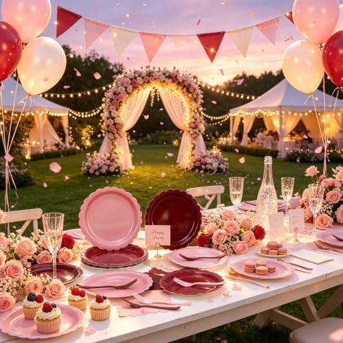 Pink and Burgundy Paper Plates and Napkins,Include Gradient 9inch Plates Napkins Forks Disposable Party Supplies for Baby Shower,Birthday,Wedding,Serves 24 - Image 2