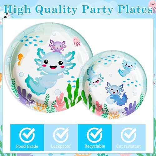 96Pcs Blue Axolotl Cute Cartoon Animals Party Plates Supplies Tableware Decorations Disposable Paper Plates Napkins Forks for Kids Birthday Baby Shower, Serves 24 - Image 3