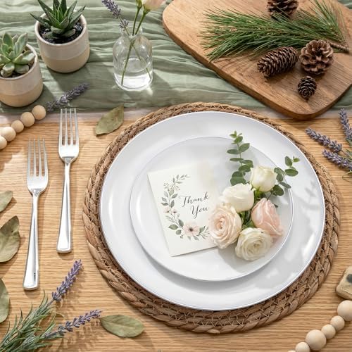 KIRE 200PCS Silver Plastic Plates - White Plastic Plates with Silver Rim Include 100 Dinner Plate and 100 for Dessert/Salad Plate for Birthday/Wedding/Party/Christmas - Image 2