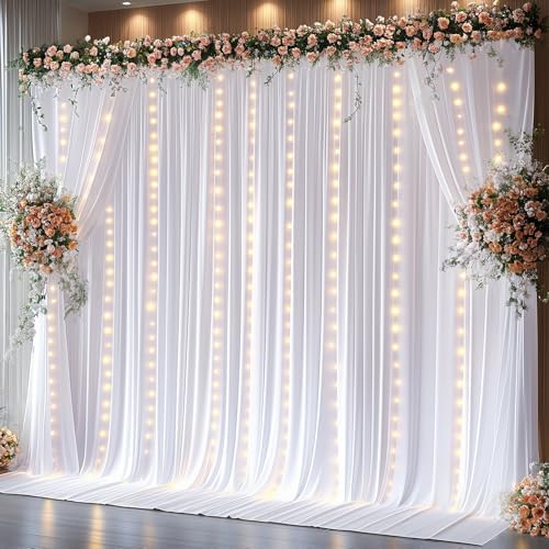 20 x 10ft White Backdrop Curtains with Lights String for Party by PartyTalk