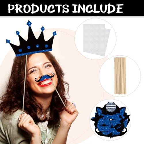 Zonon 24 Pcs Photo Booth Props Set Black Gold Birthday,Blue and Black - Image 2