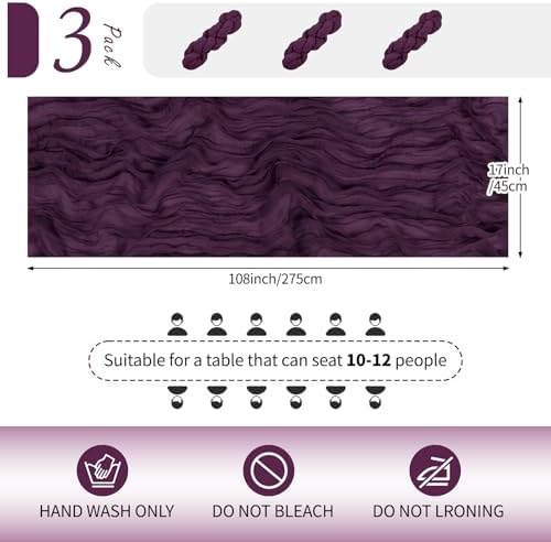 3 Pack Dark Purple Cheesecloth Table Runner 17x108 Inch Semi Sheer Boho Gauze Cheese Cloth Fabric Table Runners Table Decor for Wedding Party Baby Shower Birthday Home Decor Garden Farmhouse - Image 2
