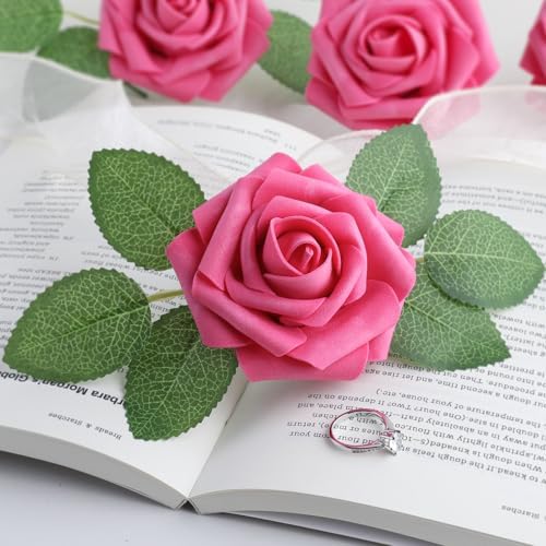 AmyHomie Hot Pink Rose 25pcs Real Looking Artificial Flowers w/Stem - Image 6