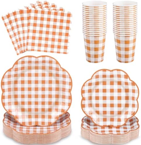 NatNarr 250 PCS Orange Gingham Party Supplies Set for 50 Guests by NatNarr