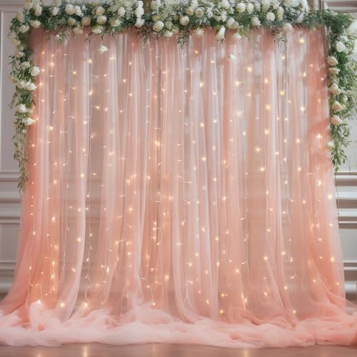10x10ft Peach Tulle Backdrop Curtain with Lights String for Parites, Sheer Photo Backdrop Curtains with Lights for Wedding Backdrop Ceremony Reception Bridal Shower Baby Shower Birthday Party by PartyTalk