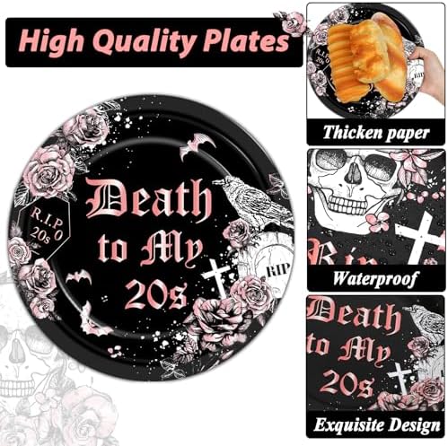 Qyeahkj 100 Pcs 30th Birthday Party Supplies Death to My 20s Paper Plates and Napkins Set Disposable Black Rose Gold Rip to My 20s Tableware Decorations for Women Funeral Youth Party Serve 25 Guests - Image 4