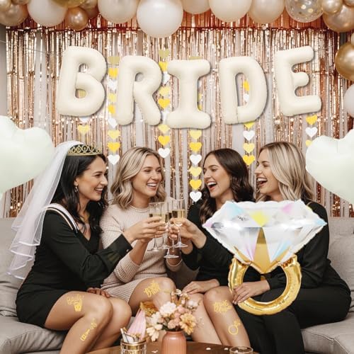 60PCS Bride To Be Decorations, Champagne Gold Bachelorette Party Decorations Include Bride To Be Sash Veil Crown Tattoo Stickers Photo Props Fringe Curtain for Wedding Bridal Shower Decorations - Image 6