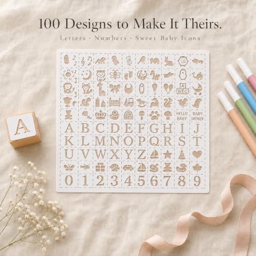 Nolia Stencil Set for Baby Shower Blocks - 100 Reusable Letter, Number & Icon Stencils for Decorating Wooden Baby Blocks, Easy Guest Activity & Keepsake Add-On - Image 4