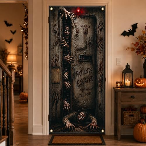 Halloween Haunted Asylum Door Banner 35.4 x 78.7 Inch Polyester Door Cover, Horror Patient Room Entrance Decoration for Front Door Porch Entryway, Halloween Home Decor - Image 7