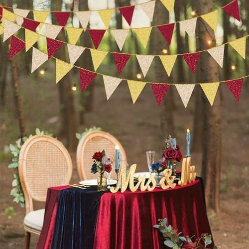 Maroon Gold Party Pennant Banner Flag Burgundy Champagne Gold Triangle Hanging Glitter Paper Bunting for Birthday Graduation Bridal Shower Wedding Shower Bachelorette Engagement Party Decorations - Image 7
