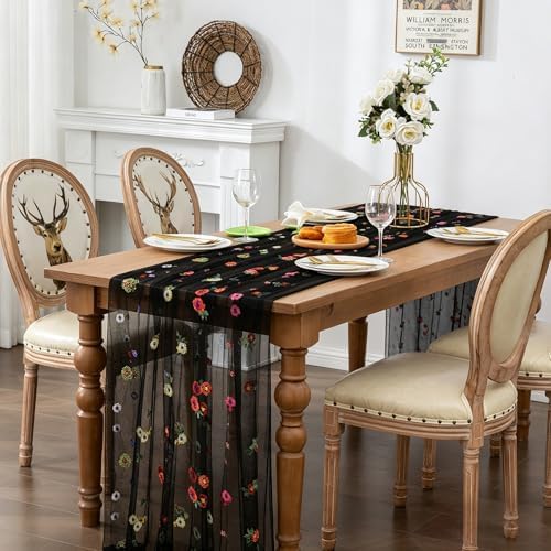 BINBE 1pcs Black Daisy Spring Table Runner Embroidery Gauze 10FT Florals Seasonal Tulle Holiday Birthday Kitchen Dining Table Decor for Home Party - Image 4