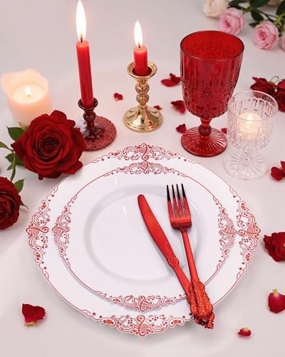 Nervure 175Pcs Red Plastic Plates, Red Plastic Dinnerware Set for 25 Guests - Image 2